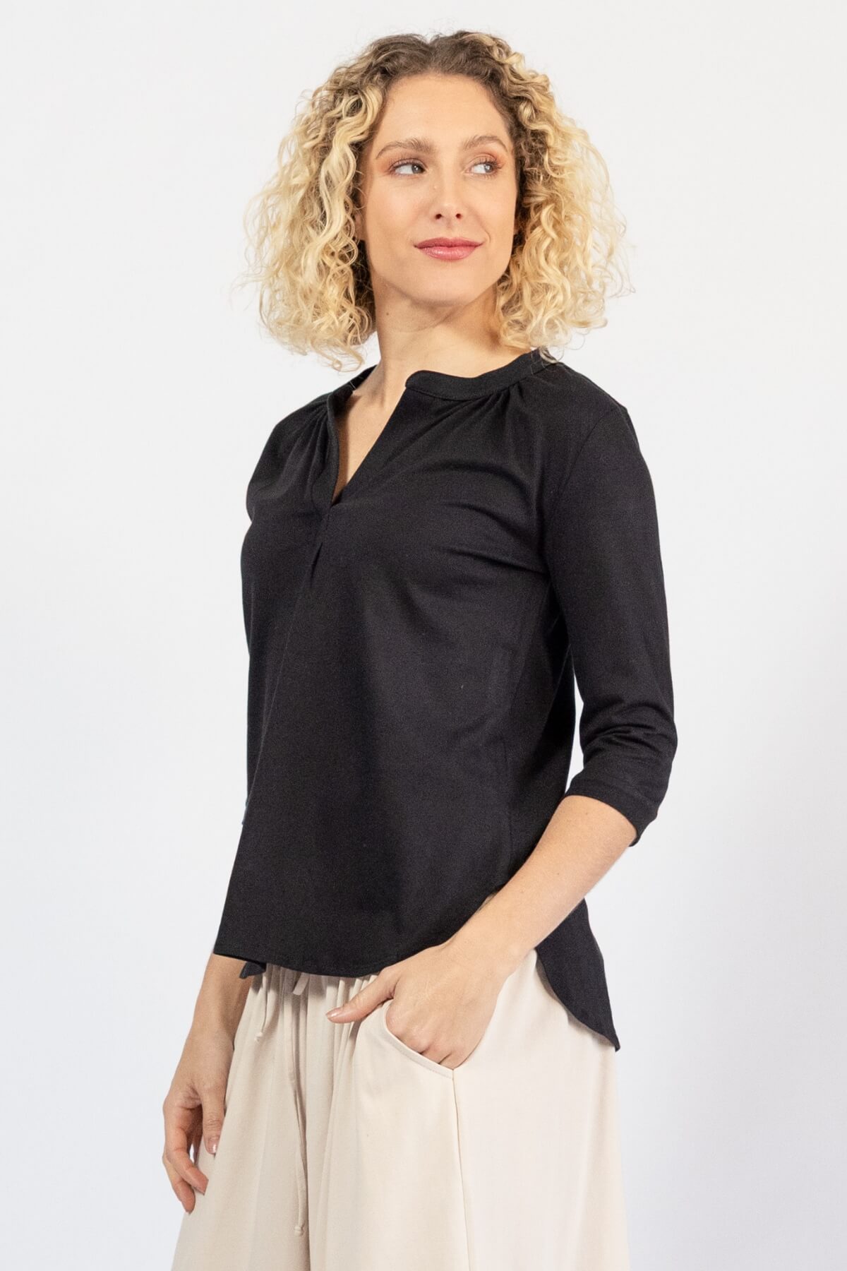 Three quarter sleeve organic top for women – left side view