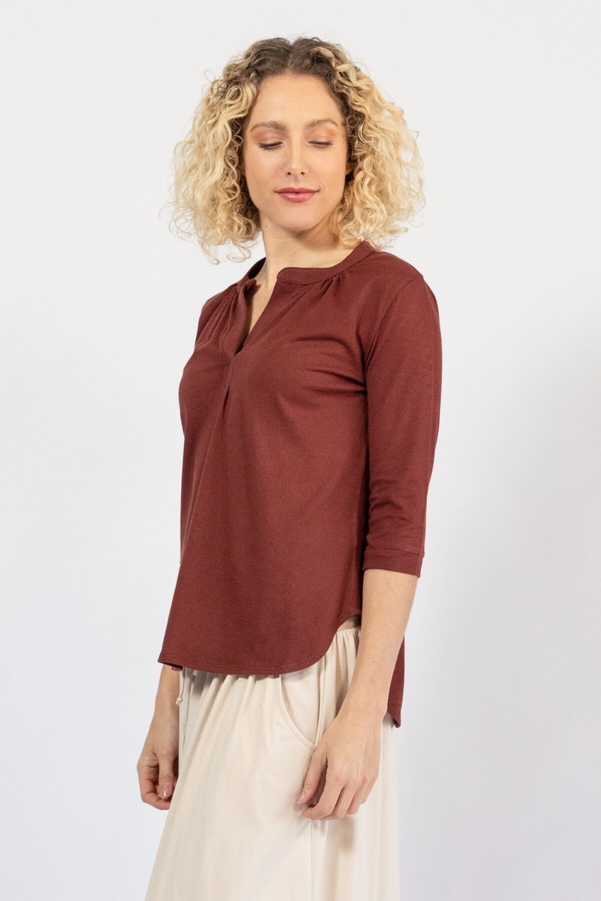 Organic cotton three quarter sleeve top for women – left side view