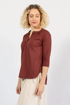 Organic cotton three quarter sleeve top for women – left side view