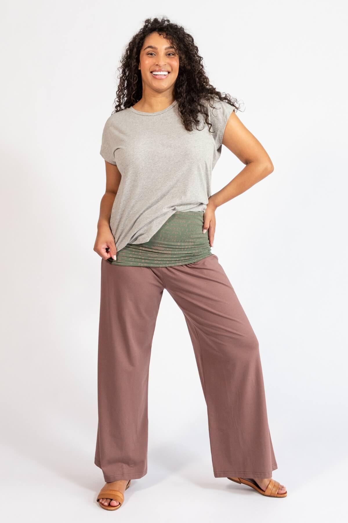 Organic cotton turn over waist pants for women - dusty mauve colour