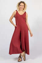 Organic cotton wide leg jumpsuit for women - berry red