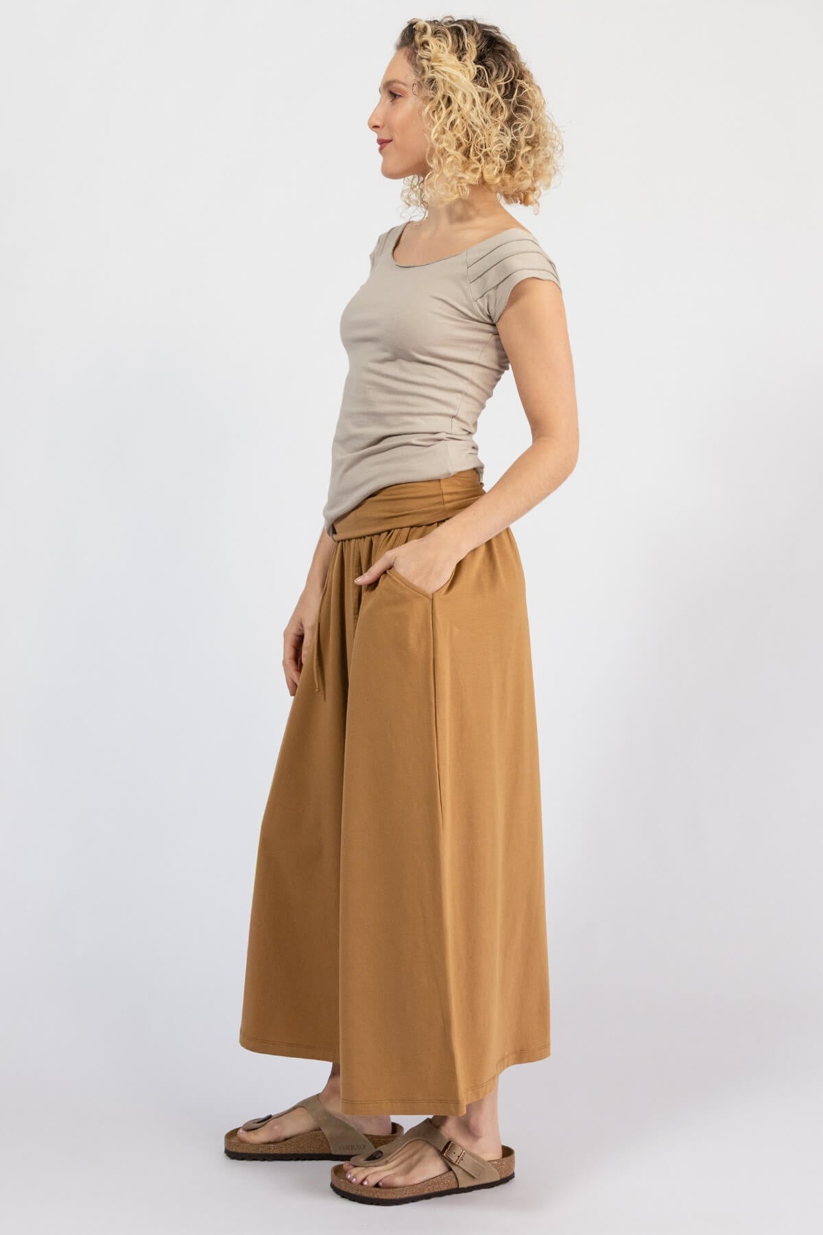 Organic cotton wide leg pants with turn down waist - right side view