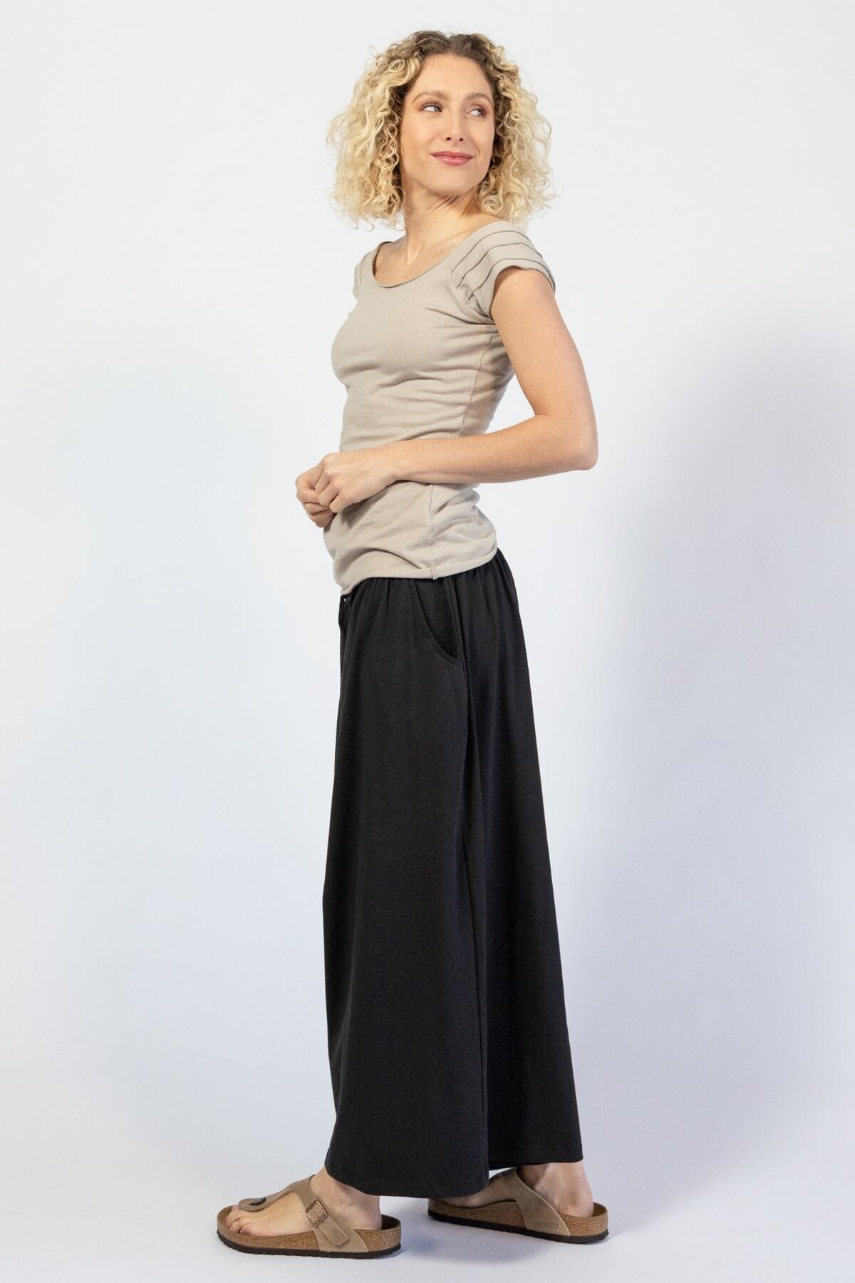 Organic cotton wide leg pants with fold over waist - left side view