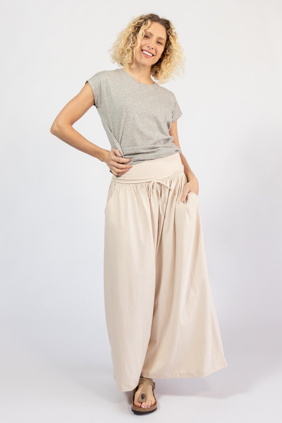 Organic cotton Wide Leg Pants - with turn down waistband