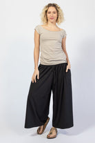 Organic cotton wide leg pants with fold over waist - black