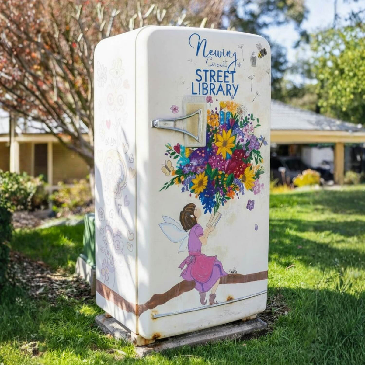 Michelle Springett's painted street library fridge