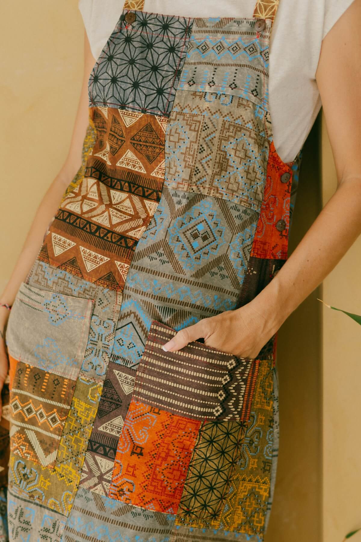 Ethical Cotton Patchwork Pinafore - pocket details