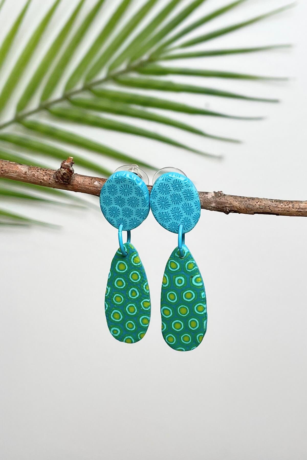 Fair trade polymer clay earrings made in Nepal - shades of blue and green