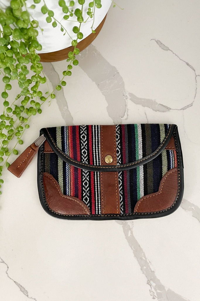 Surya Australia Ethical Buffalo Leather + Woven Cotton Clutch Wallets from Nepal - Preta