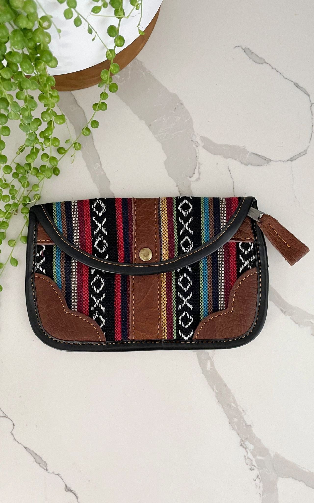 Surya Australia Ethical Buffalo Leather + Woven Cotton Clutch Wallets from Nepal - Drinth