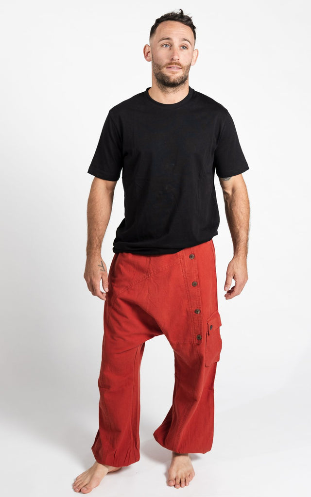 Surya Australia Ethical Cotton Drop Crotch Pants for Men from Nepal - Rust