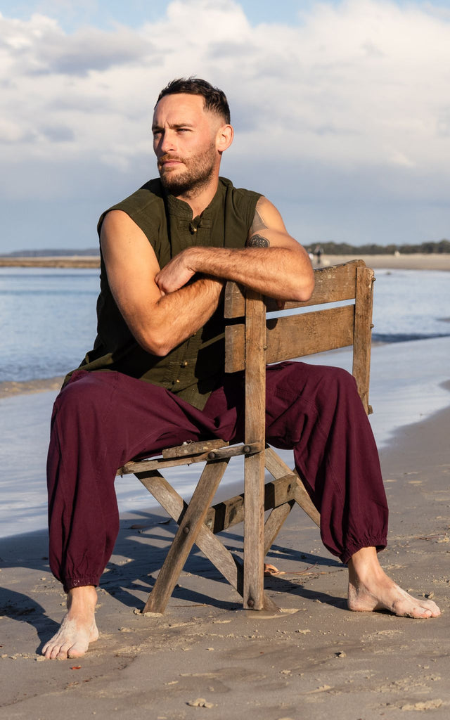 Surya Australia Ethical Cotton Drop Crotch Trousers for Men - Wine