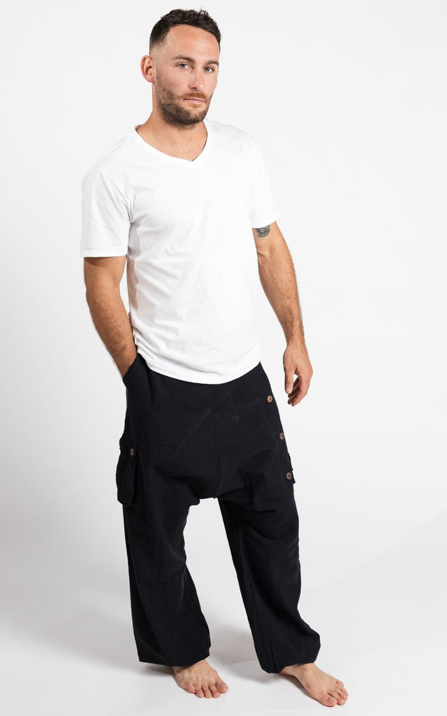 Surya Australia Ethical Cotton Drop Crotch Pants for Men from Nepal - Black