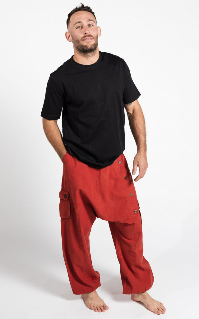 Surya Australia Ethical Cotton Drop Crotch Pants for Men from Nepal - Rust