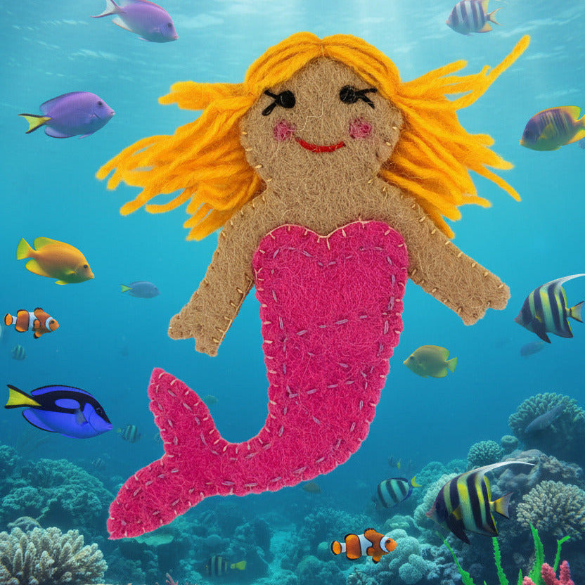 Surya Wool Felt Finger Puppets made in Nepal - Pink Mermaid