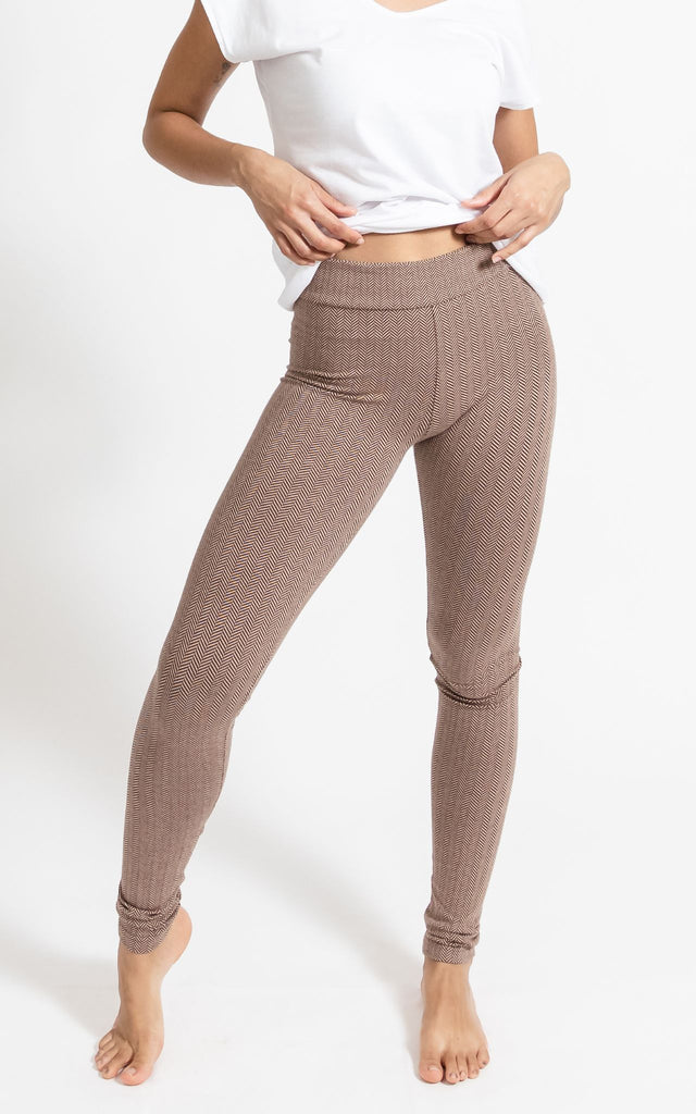 Surya Australia Ethical Organic Cotton Jacquard 'Asana' Leggings made in Nepal - Coffee