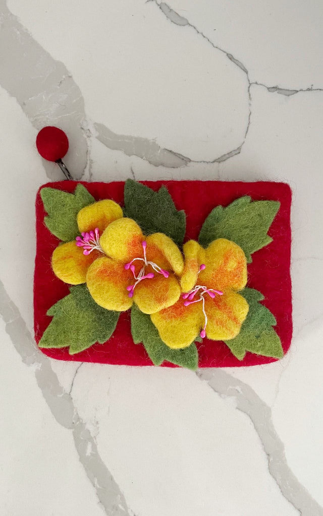 Surya Australia Ethical Wool Felt Flower Purse made in Nepal - Red