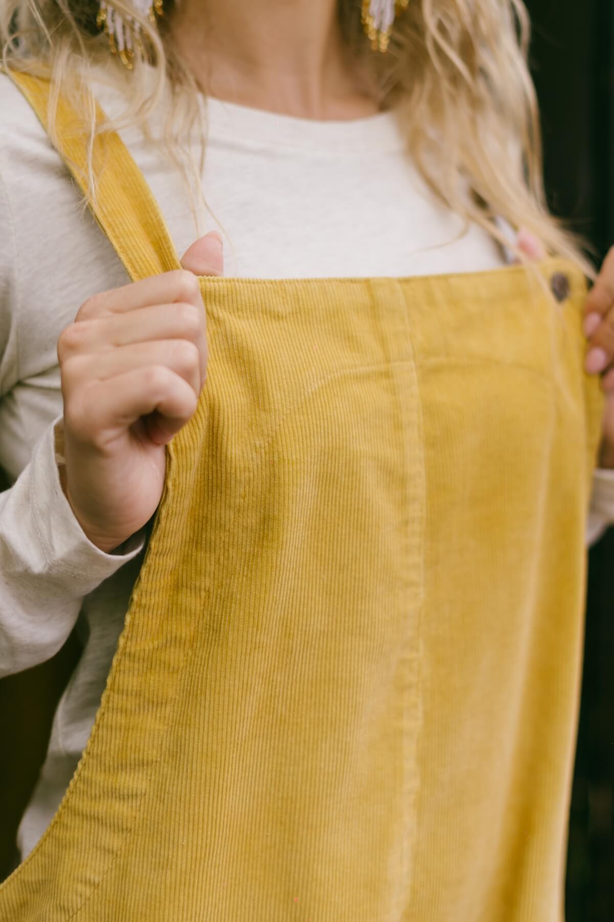 Surya Ethical Cotton Corduroy Overalls for Women - straight bib section