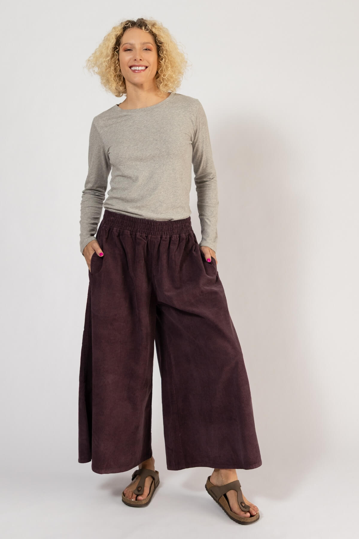 Cotton Corduroy Wide Leg Pants for Women- Wine