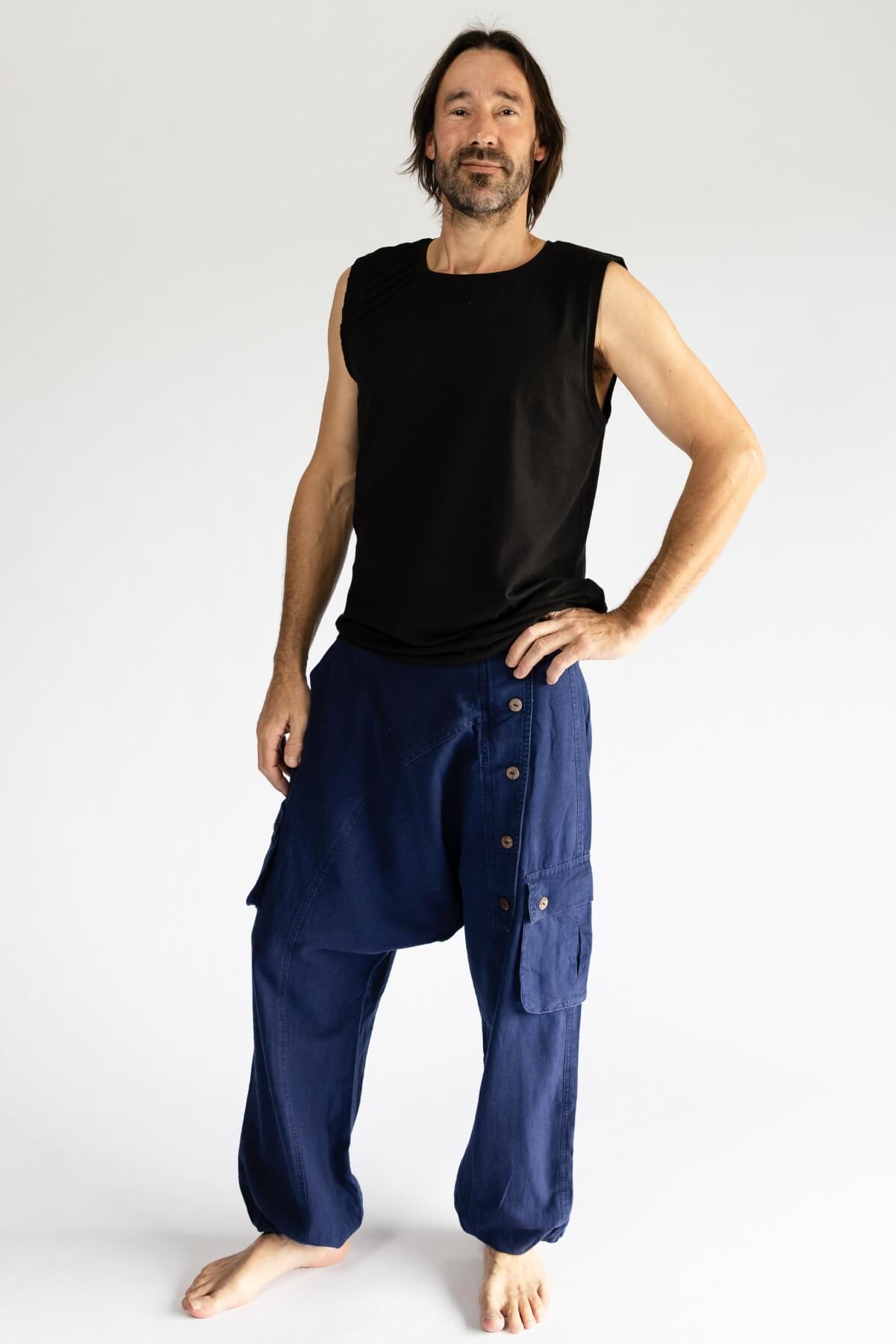 Surya Cotton Drop Crotch Pants for Men - coconut buttons on the leg