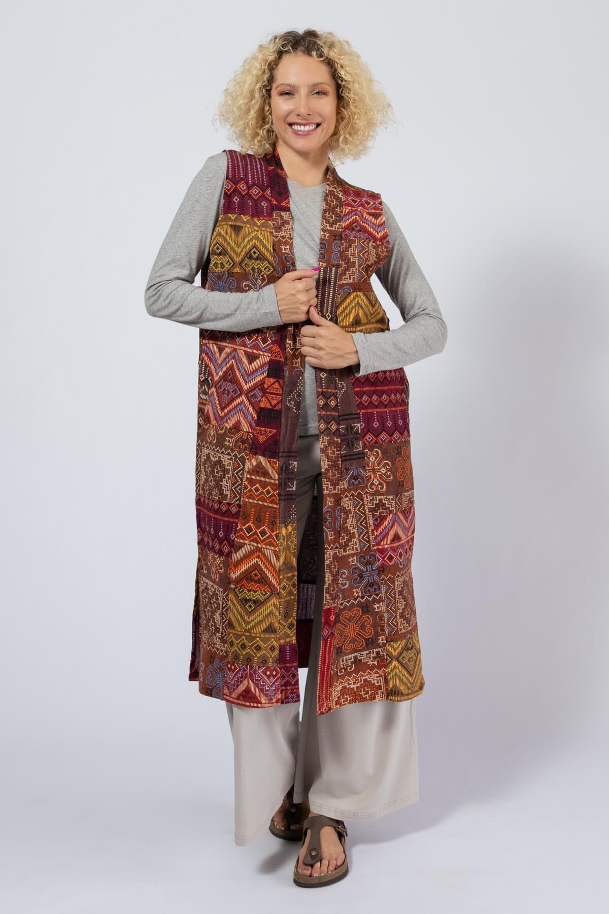 Ethical Sleeveless Patchwork Jacket for Women - Sunset Red