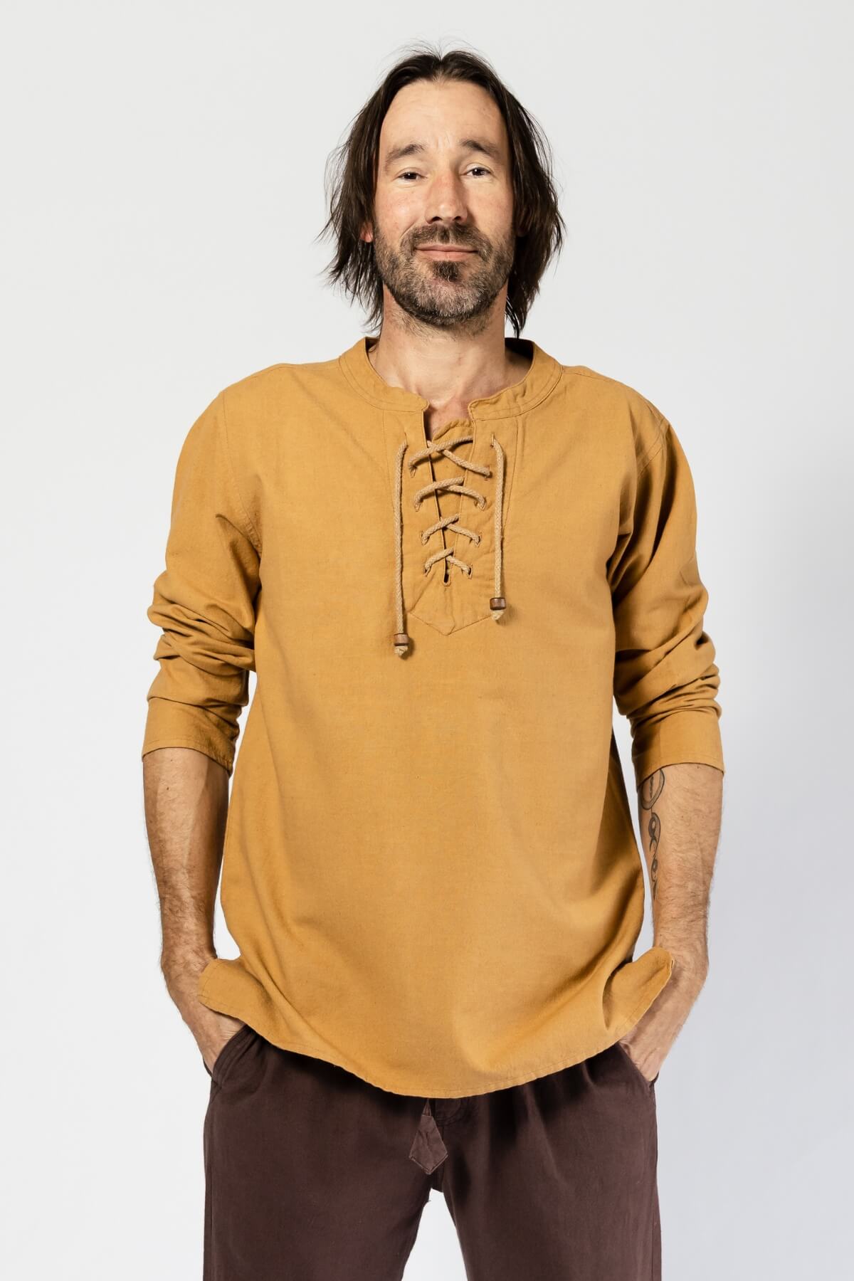 Surya Cotton Shirt for Men made in Nepal - with tie-up rope neckline