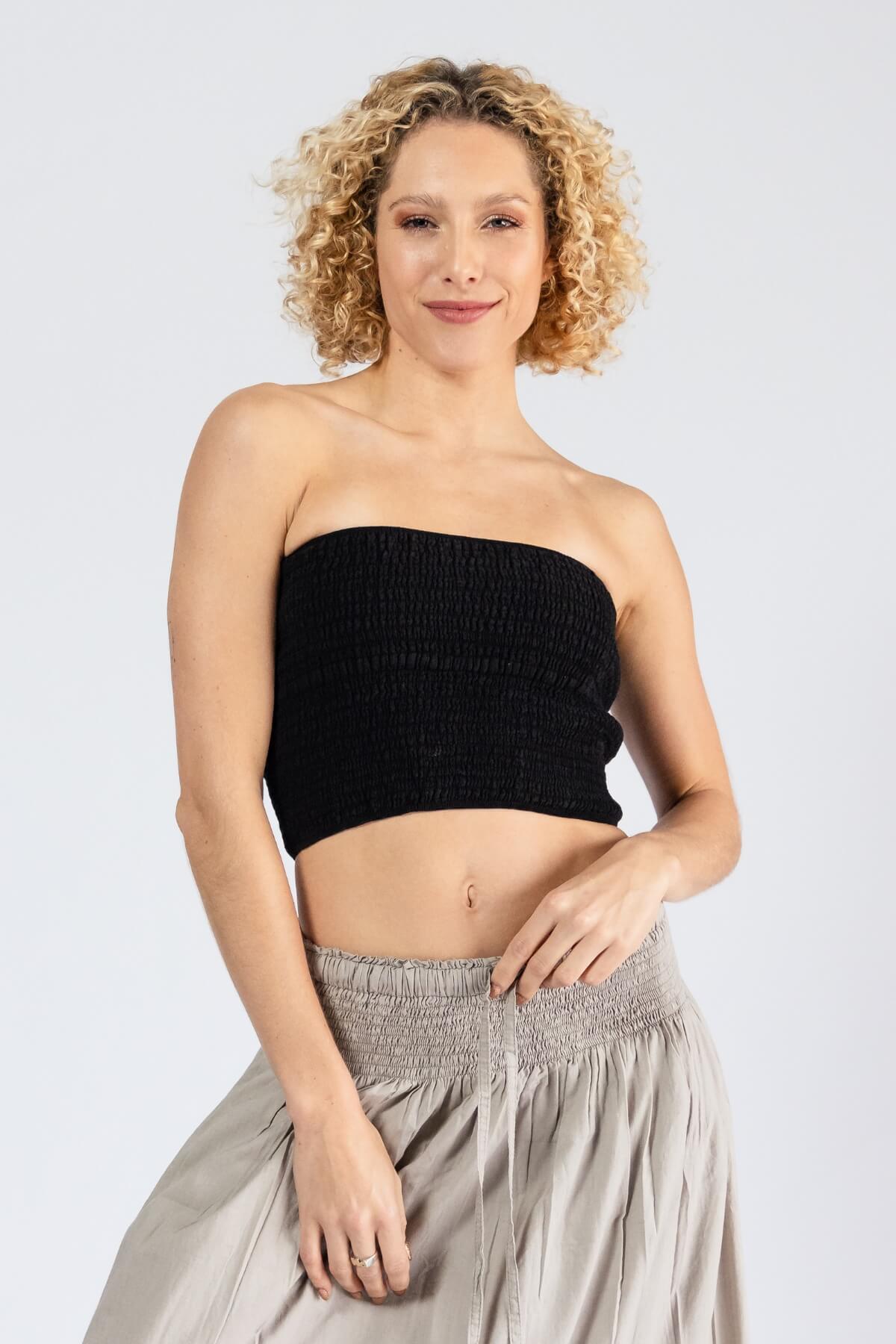 Surya Cotton Shirred Strapless Top - Black