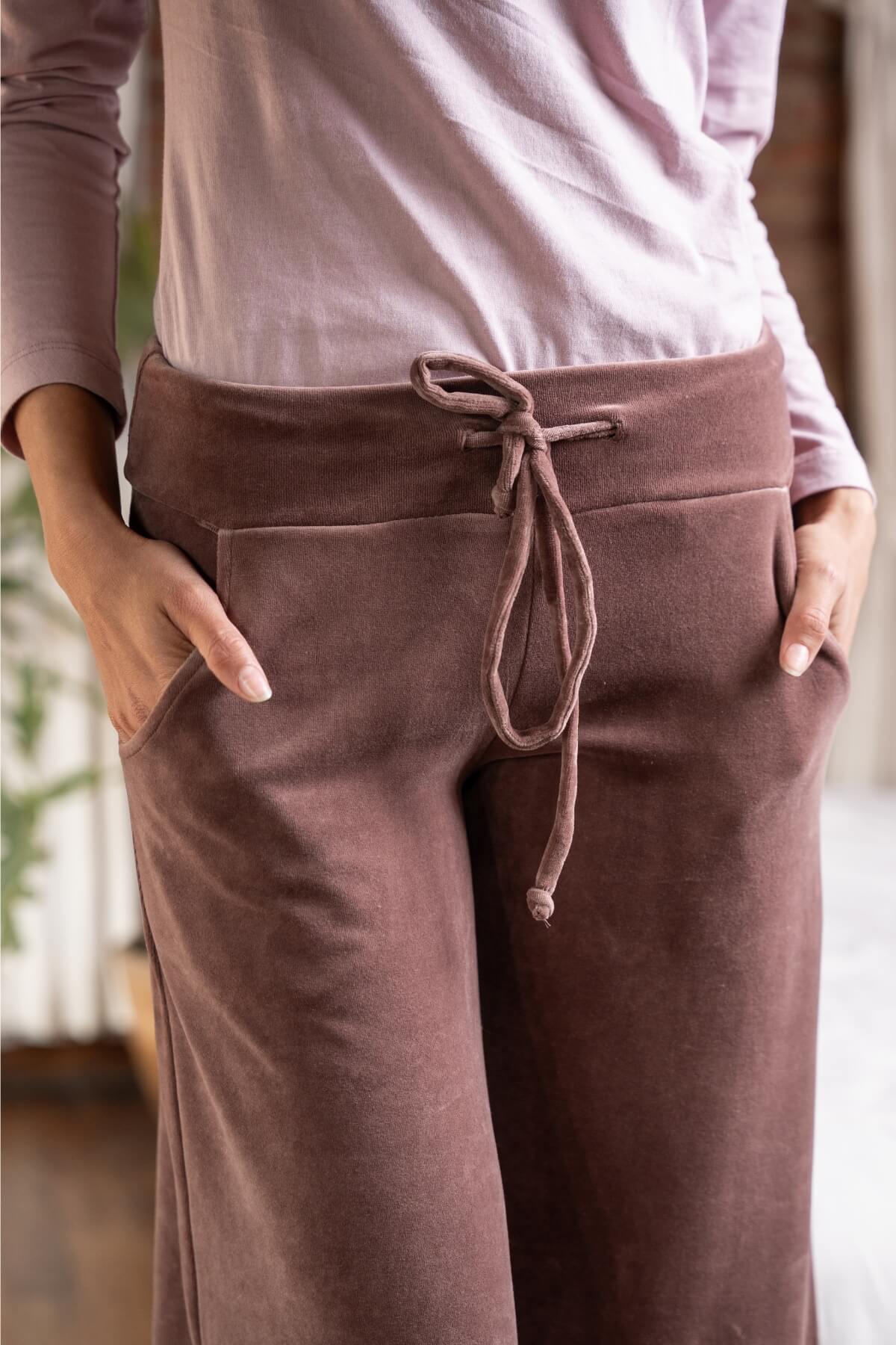 Organic Velvet Palazzo Pants for Women  - with comfortable flat waistband