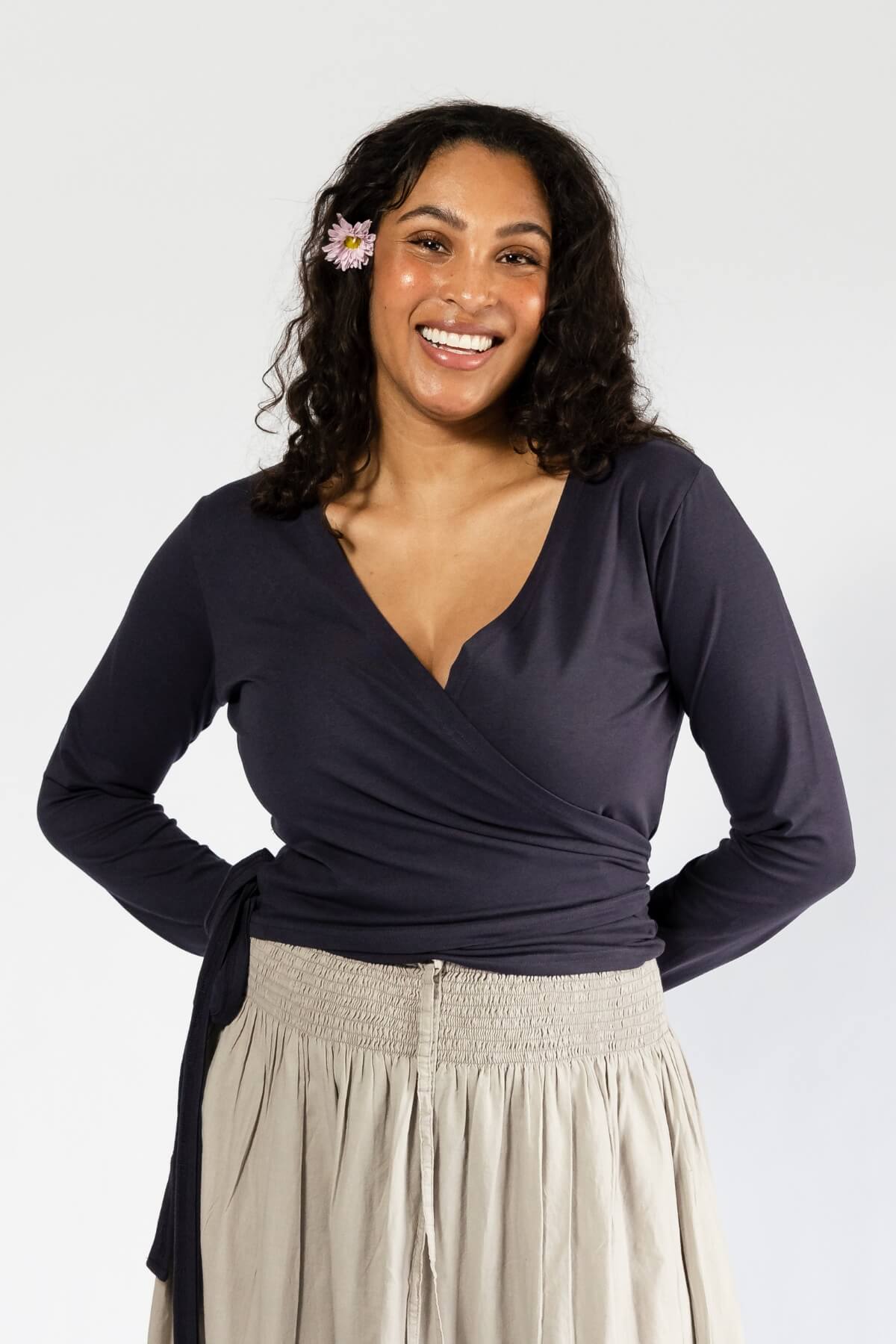 Surya Long Sleeve Organic Wrap Top - Midnight Blue