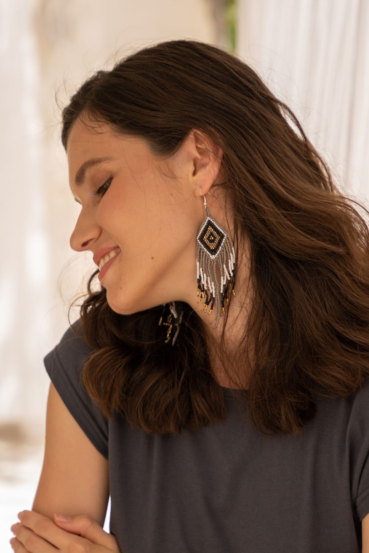 Surya Ethical Hand Beaded Earrings - Aztec Grey