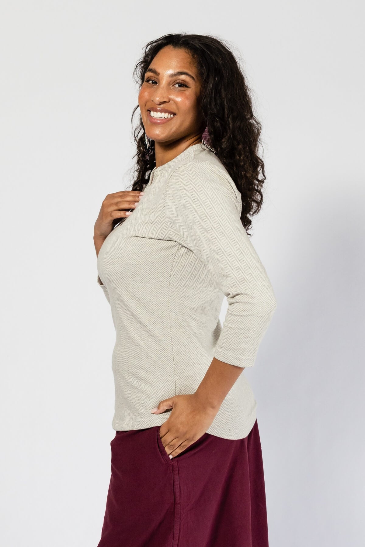 Surya Organic Cotton 3/4 Sleeve Jacquard weave top for women - left side view