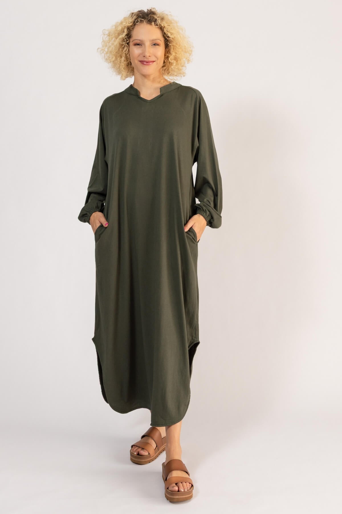 Organic Cotton Long Sleeve Kaftan - Olive Green