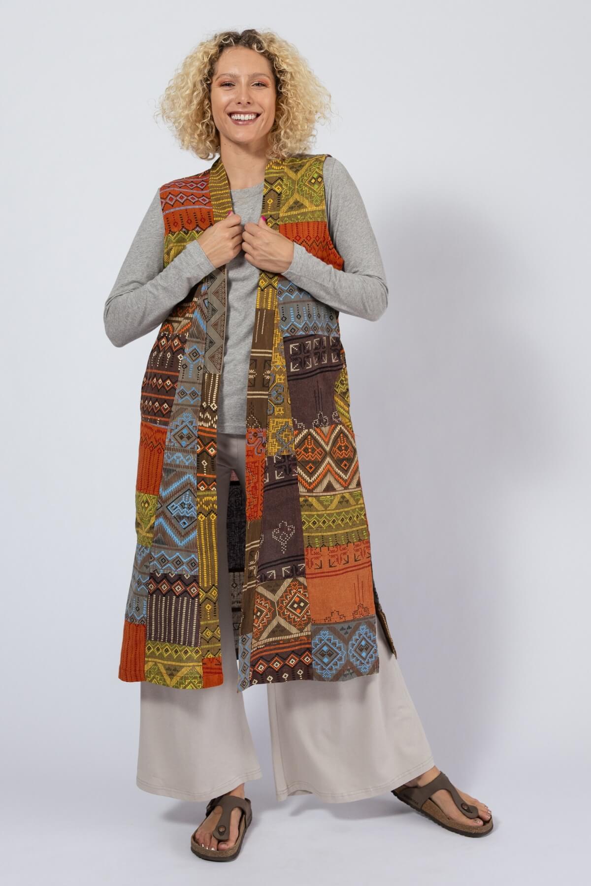 Cotton Sleeveless Patch Jacket for Women - open style jacket