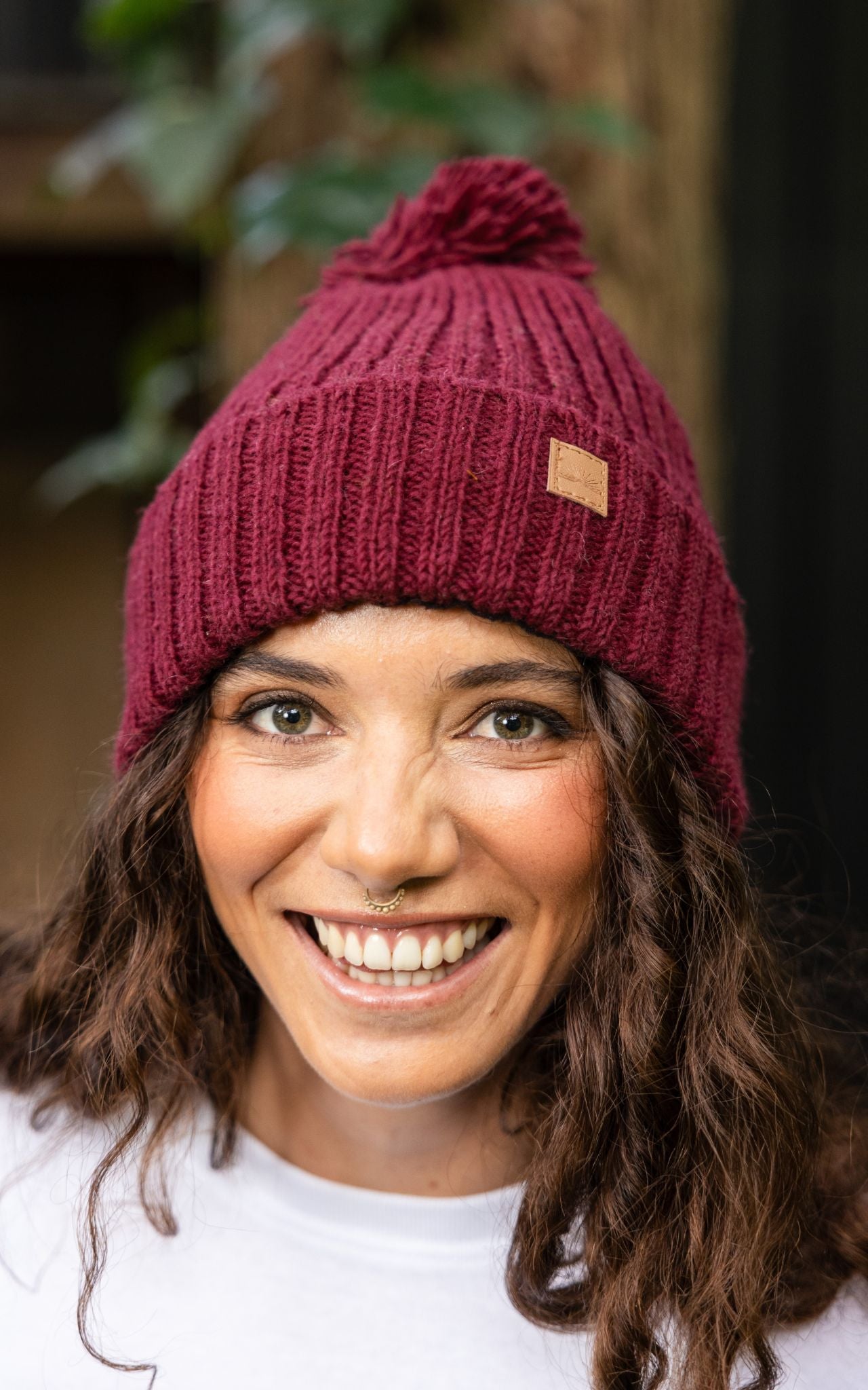 Surya Australia Wool 'Pompom' Beanie for women made in Nepal - Maroon