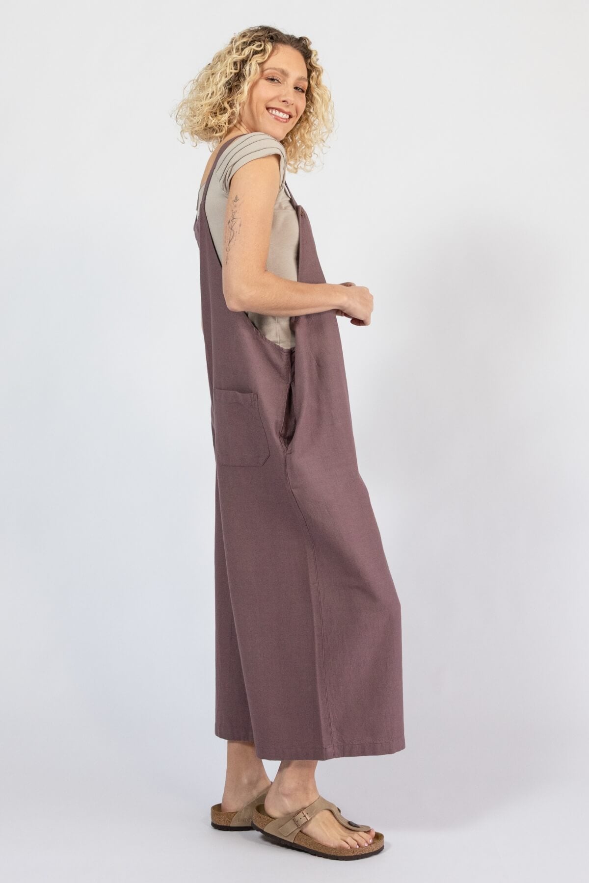 Ethical baggy cotton overalls for women – right side view