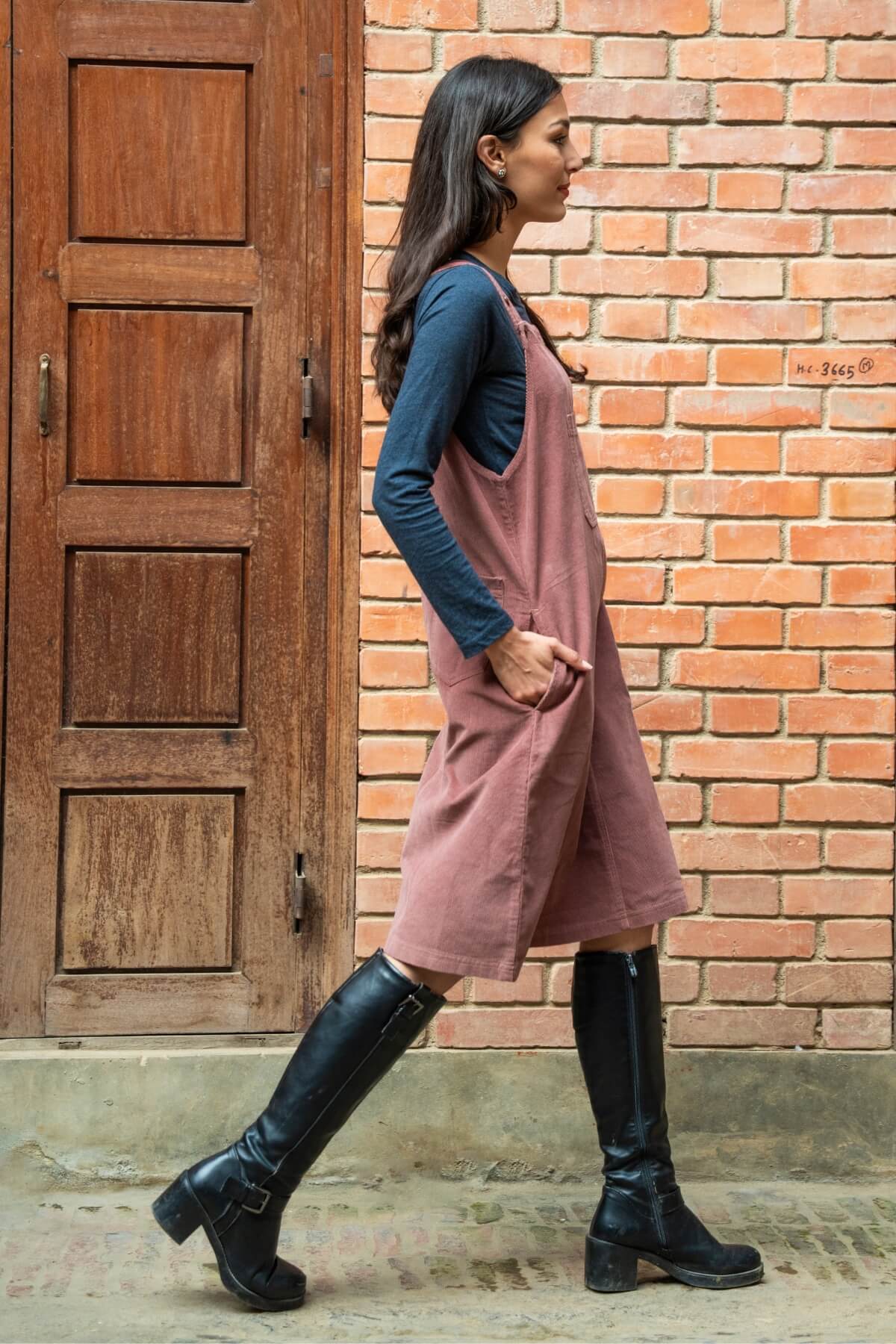Corduroy Pinafore Dress for Women - on location in Kathmandu, Nepal