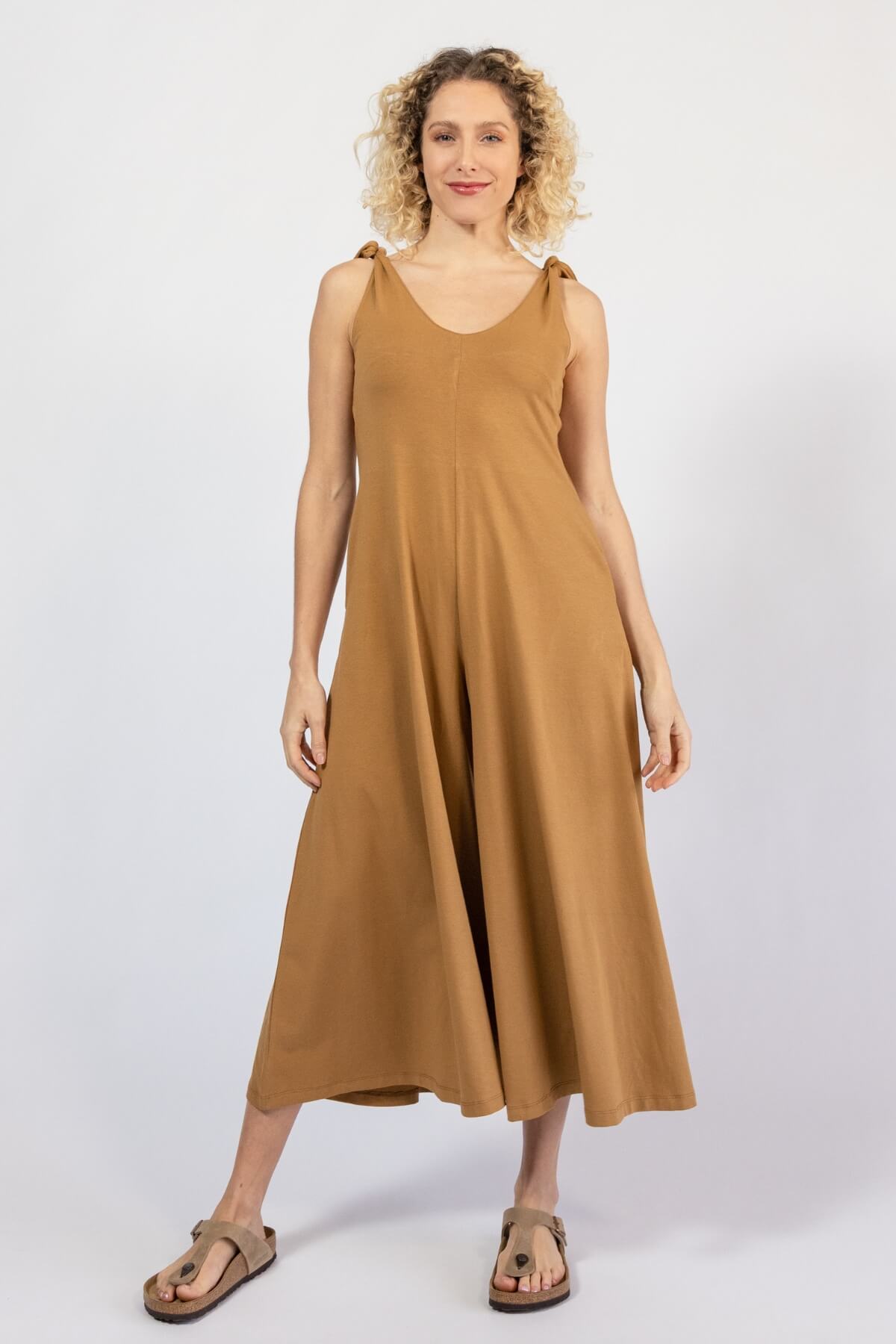 Organic cotton wide leg jumpsuits for women - caramel