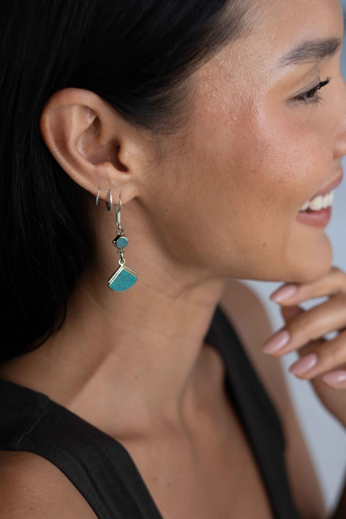 Tibetan style earrings for women - drop earrings with turquoise coloured stone