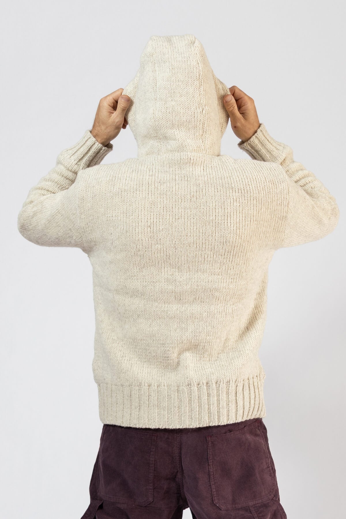 Very warm wool jacket for men made in Nepal - rear view with hood