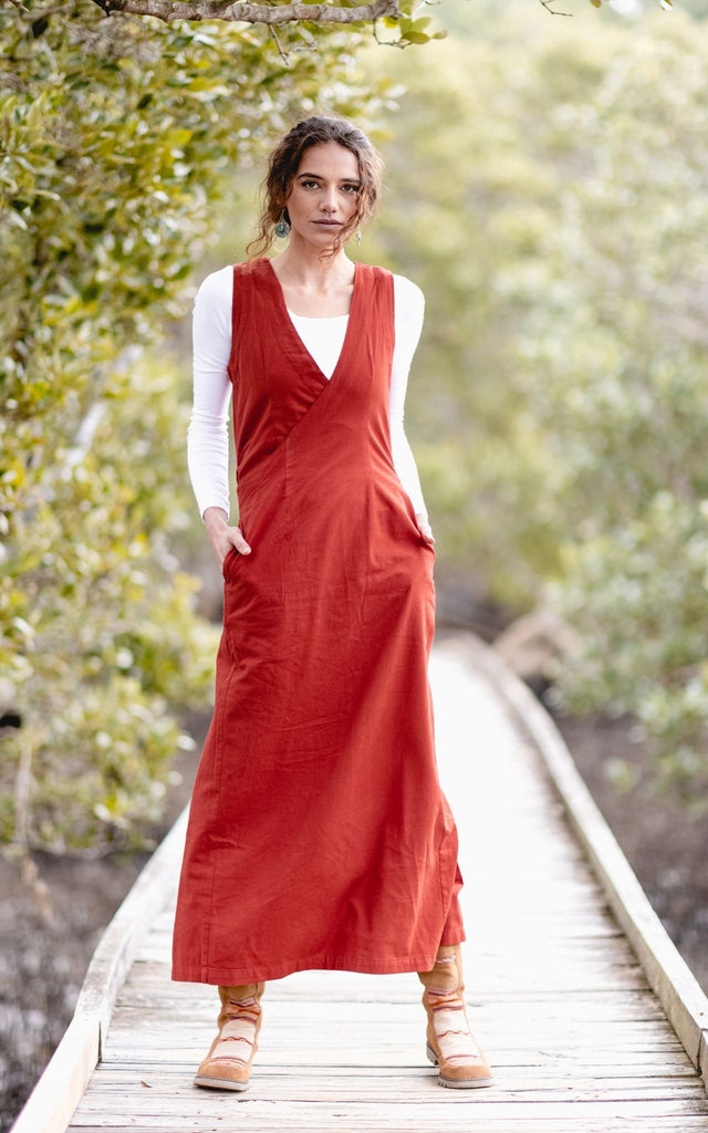 Surya Australia Ethically Made Tibetan Wrap Dress - Rust #colour_rust