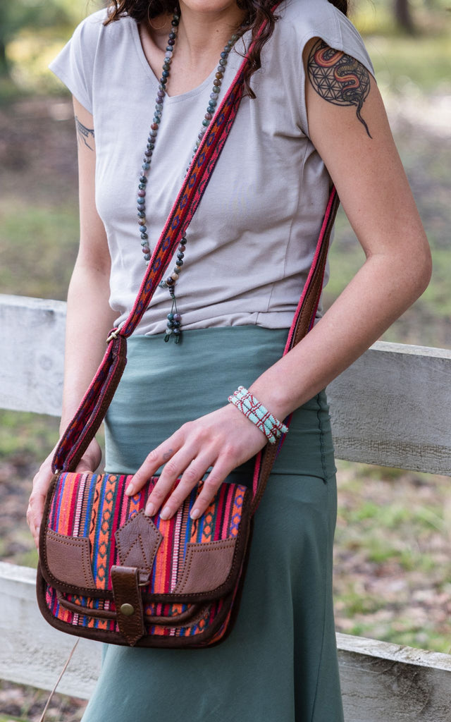Buffalo Leather & Woven Cotton Bag from Nepal - Auray