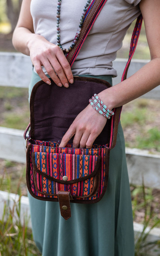 Buffalo Leather & Woven Cotton Bag from Nepal - Auray
