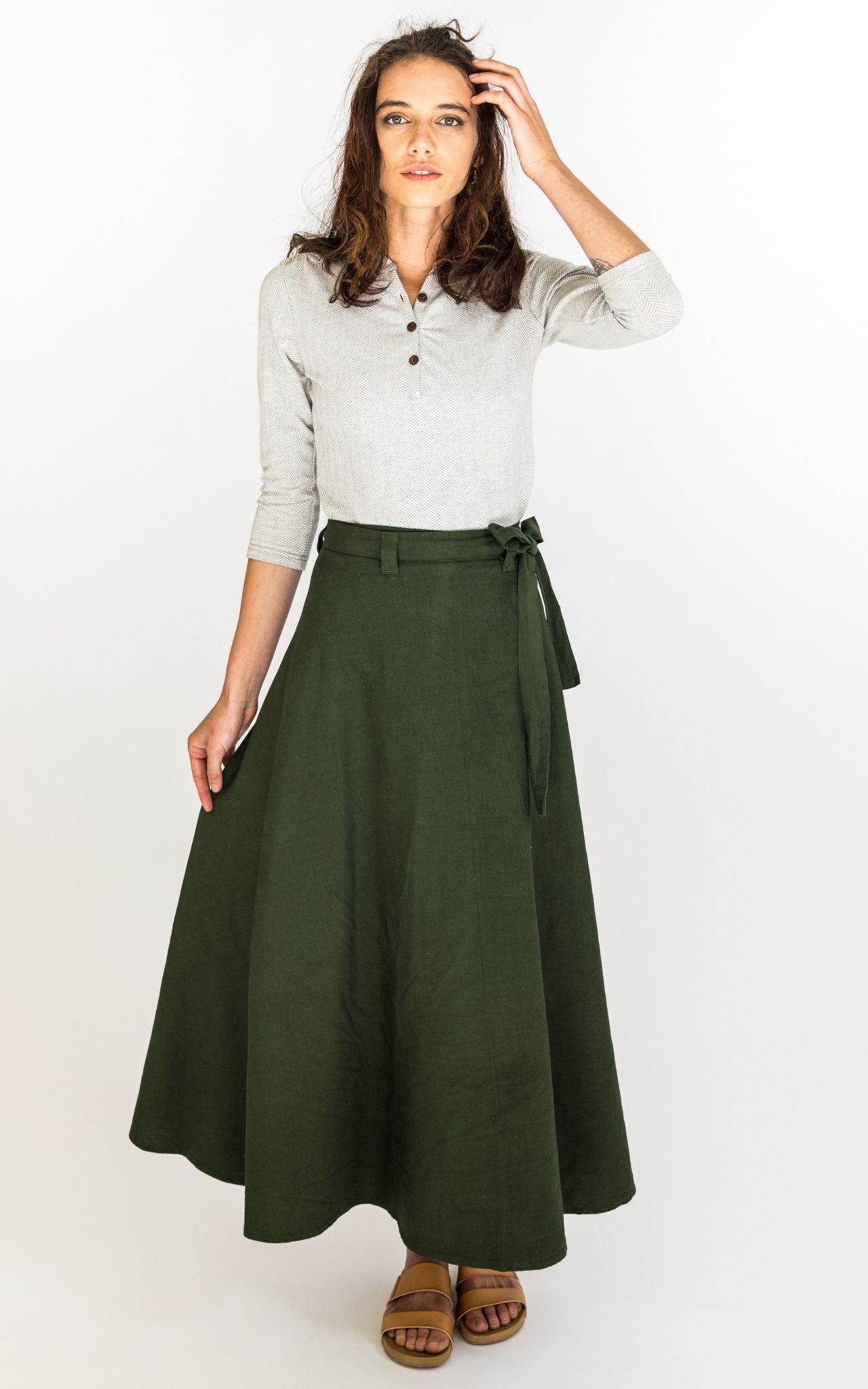 Surya Australia 'Odette' Wrap Skirt from Nepal - Tree Green #colour_tree-green