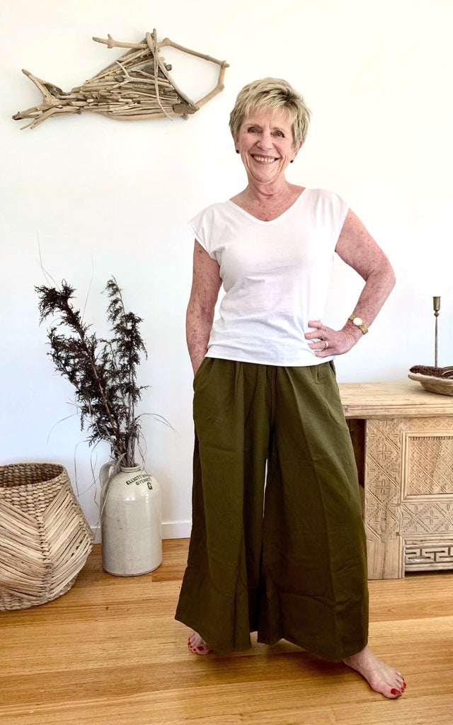 Surya Australia Ethical Cotton Palazzo Pants made in Nepal - Gren