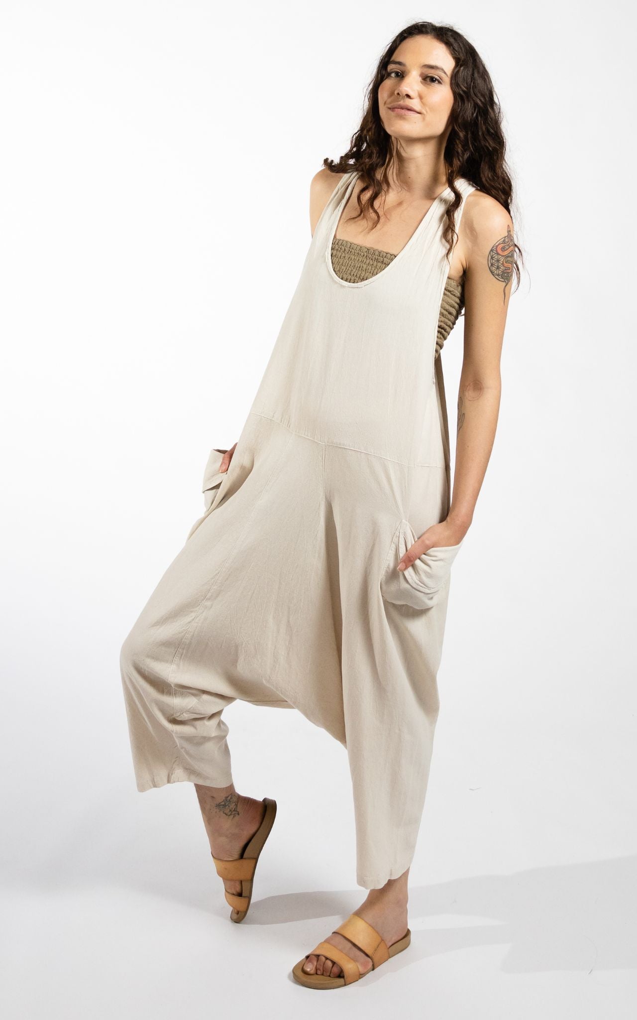 Surya Australia Ethical Cotton 'Bahini' Overalls Dungarees made in Nepal - Oatmeal