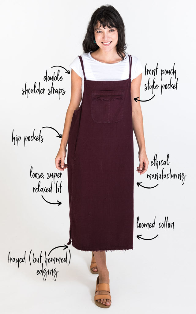 Surya Australia Ethical Cotton 'Sirena' Pinafore made in Nepal - Wine