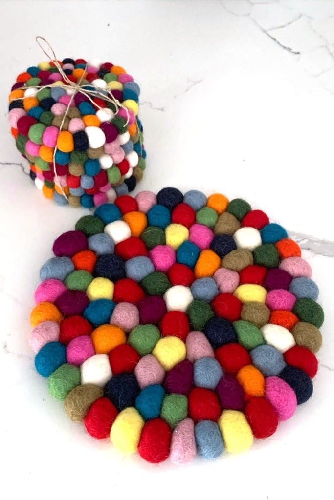 Surya Australia Ethical Felt Ball Coasters and Felt Ball Trivet Set from Nepal - Round