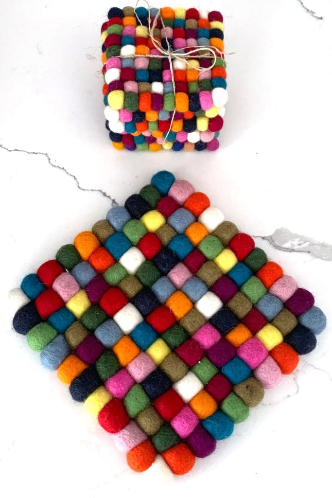 Surya Australia Ethical Felt Ball Coasters and Felt Ball Trivet Set from Nepal - Square