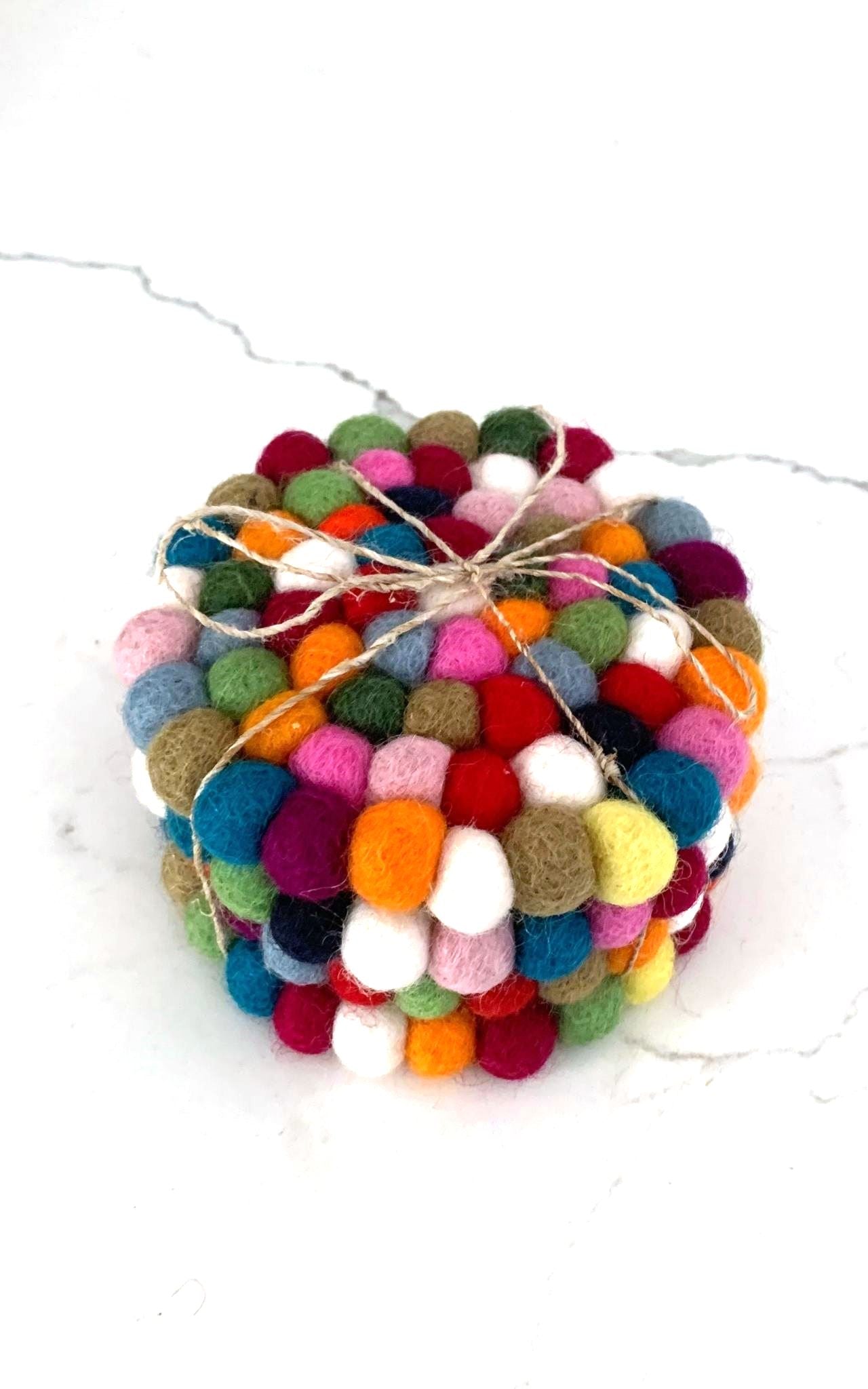 Surya Australia Fairtrade Felt Ball Coasters from Nepal - Multicolour 4 Pack | Round