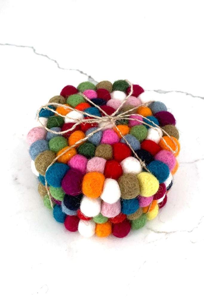 Surya Australia Fairtrade Felt Ball Coasters from Nepal - Multicolour 4 Pack | Round